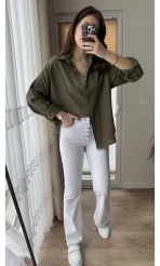 Düğmeli Likralı İspanyol Jean - Beyaz