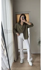 Düğmeli Likralı İspanyol Jean - Beyaz