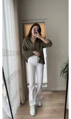 Düğmeli Likralı İspanyol Jean - Beyaz