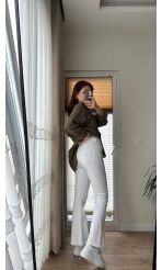 Düğmeli Likralı İspanyol Jean - Beyaz