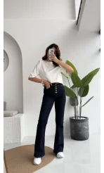 Düğmeli Likralı İspanyol Jean Pantolon - Lacivert