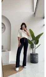 Düğmeli Likralı İspanyol Jean Pantolon - Lacivert