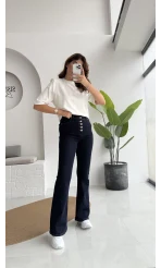 Düğmeli Likralı İspanyol Jean Pantolon - Lacivert