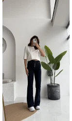 Düğmeli Likralı İspanyol Jean Pantolon - Lacivert