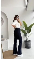 Düğmeli Likralı İspanyol Jean Pantolon - Lacivert