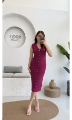 Düğmeli Midi Boy Triko Elbise Fuşya 2832