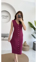 Düğmeli Midi Boy Triko Elbise Fuşya 2832