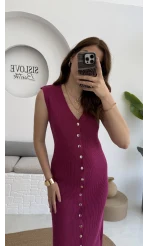 Düğmeli Midi Boy Triko Elbise Fuşya 2832