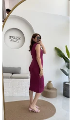 Düğmeli Midi Boy Triko Elbise Fuşya 2832