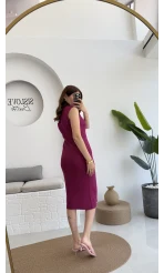 Düğmeli Midi Boy Triko Elbise Fuşya 2832