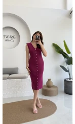Düğmeli Midi Boy Triko Elbise Fuşya 2832