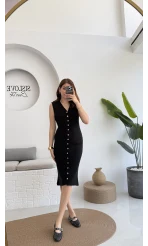 Düğmeli Midi Boy Triko Elbise Siyah 2832