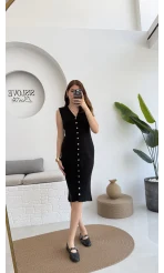 Düğmeli Midi Boy Triko Elbise Siyah 2832