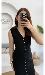 Düğmeli Midi Boy Triko Elbise Siyah 2832