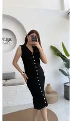Düğmeli Midi Boy Triko Elbise Siyah 2832