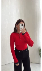 Düğmeli Triko Kazak - Kırmızı - Kod: 2828
