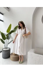 Düğmeli V Yaka Elbise - 2247 - Beyaz