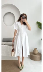 Düğmeli V Yaka Elbise - 2247 - Beyaz