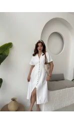 Düğmeli V Yaka Elbise - 2247 - Beyaz