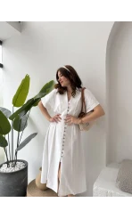 Düğmeli V Yaka Elbise - 2247 - Beyaz