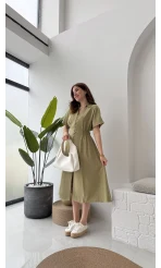 Düğmeli V Yaka Elbise - 2247 - Haki