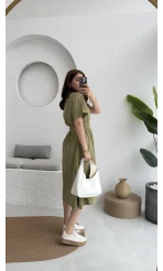 Düğmeli V Yaka Elbise - 2247 - Haki
