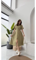 Düğmeli V Yaka Elbise - 2247 - Haki