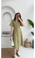 Düğmeli V Yaka Elbise - 2247 - Haki