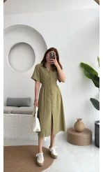 Düğmeli V Yaka Elbise - 2247 - Haki