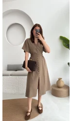 Düğmeli V Yaka Elbise - 2247 - Kahve