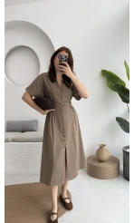 Düğmeli V Yaka Elbise - 2247 - Kahve