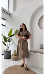 Düğmeli V Yaka Elbise - 2247 - Kahve