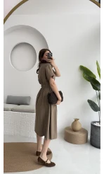 Düğmeli V Yaka Elbise - 2247 - Kahve