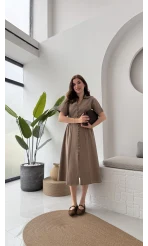 Düğmeli V Yaka Elbise - 2247 - Kahve