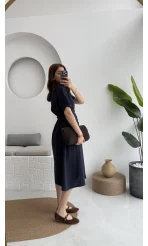 Düğmeli V Yaka Elbise - 2247 - Lacivert