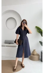 Düğmeli V Yaka Elbise - 2247 - Lacivert