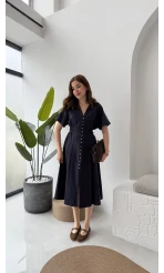 Düğmeli V Yaka Elbise - 2247 - Lacivert