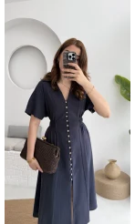 Düğmeli V Yaka Elbise - 2247 - Lacivert