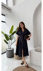 Düğmeli V Yaka Elbise - 2247 - Lacivert