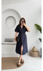 Düğmeli V Yaka Elbise - 2247 - Lacivert