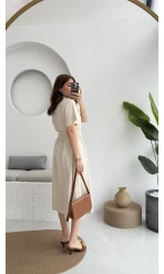 Düğmeli V Yaka Elbise - 2247 - Natural