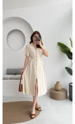 Düğmeli V Yaka Elbise - 2247 - Natural