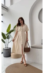 Düğmeli V Yaka Elbise - 2247 - Natural