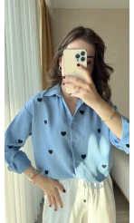 Düz Mavi Siyah Kalpli Keten Gömlek