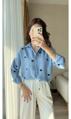 Düz Mavi Siyah Kalpli Keten Gömlek