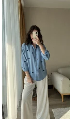 Düz Mavi Siyah Kalpli Keten Gömlek