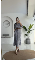 Edith Çizgili Kemerli Gömlek Elbise - Lacivert - 0411