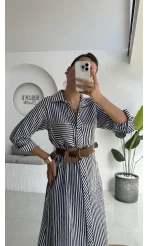 Edith Çizgili Kemerli Gömlek Elbise - Lacivert - 0411