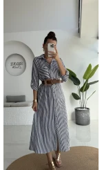 Edith Çizgili Kemerli Gömlek Elbise - Lacivert - 0411