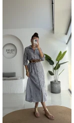 Edith Çizgili Kemerli Gömlek Elbise - Lacivert - 0411